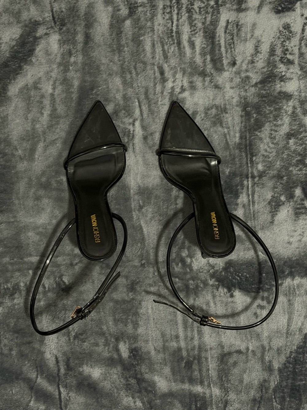 Fashion Nova Black Pointed Toe Ankle Strap Heels with Gold Buckle
